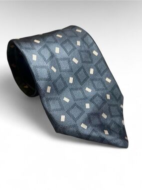 Vintage Lanvin Paris Silk Tie Mens Slate Blue Gray Geometric Diamond Check VTG